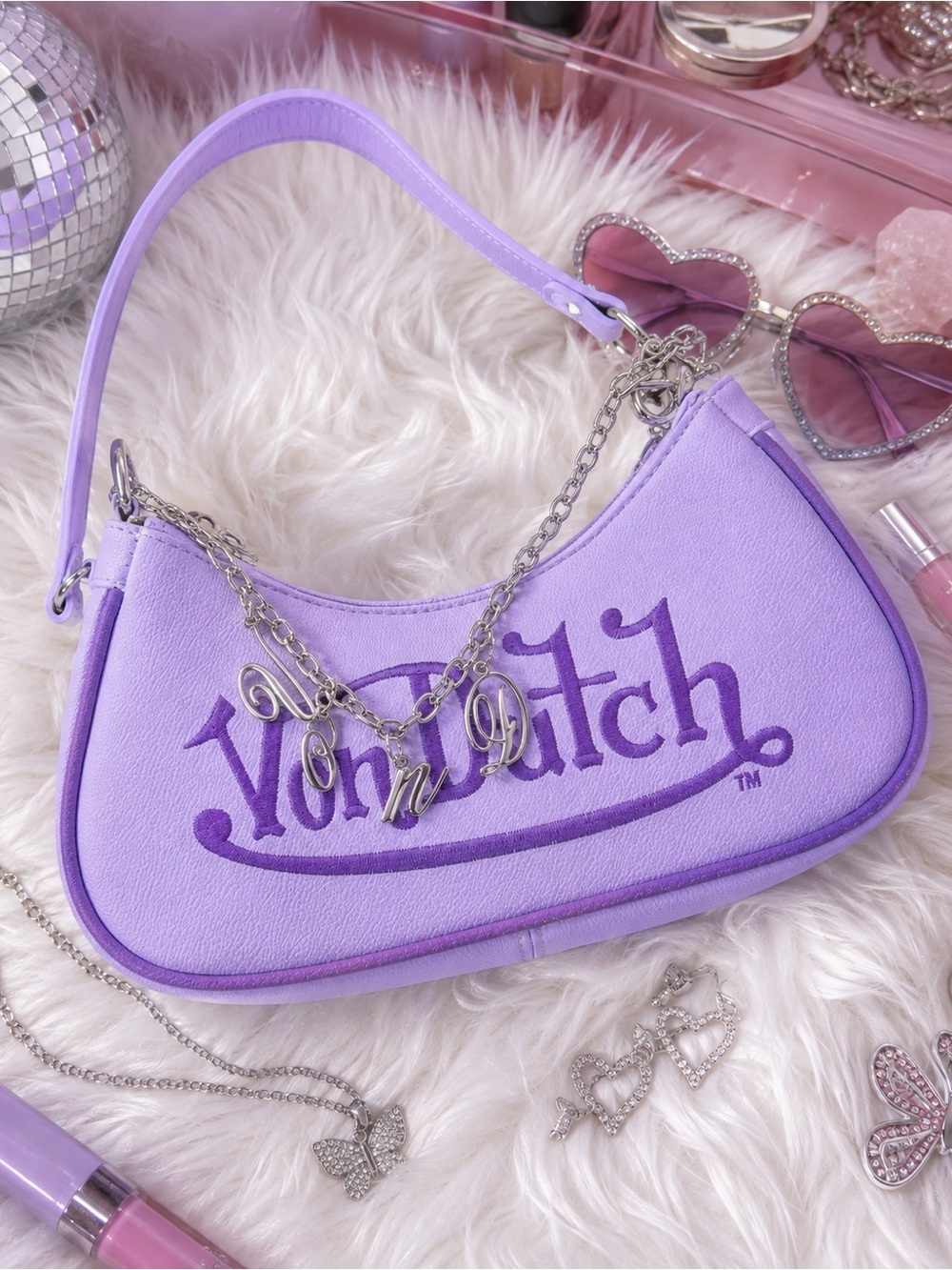 Von Dutch Lilac Crescent Shoulder Bag with Logo